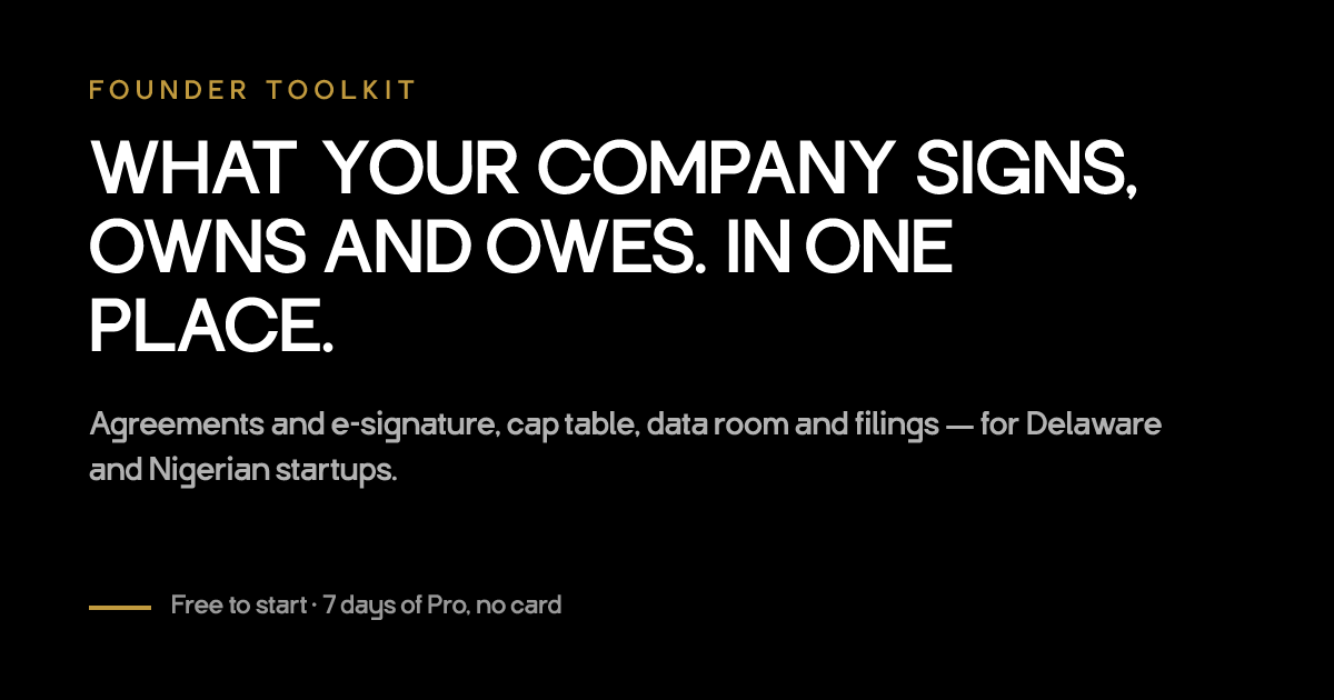 Founder Toolkit — agreements, cap table, data room and filings